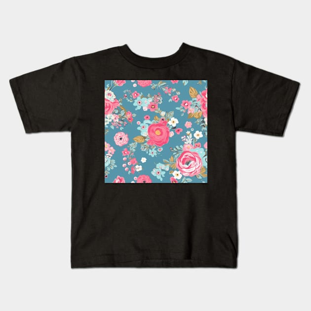 Pink and Blue Shabby Chic  Floral Flowers, Pretty Feminine Pattern on Blue Background Kids T-Shirt by VintageFlorals